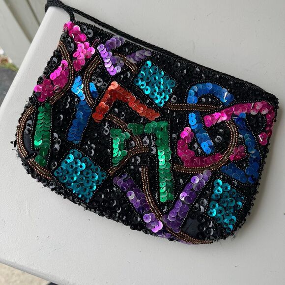VTG 80s Beaded Sequin Crossbody Bag Black Multicolor Party Purse - Picture 5 of 8
